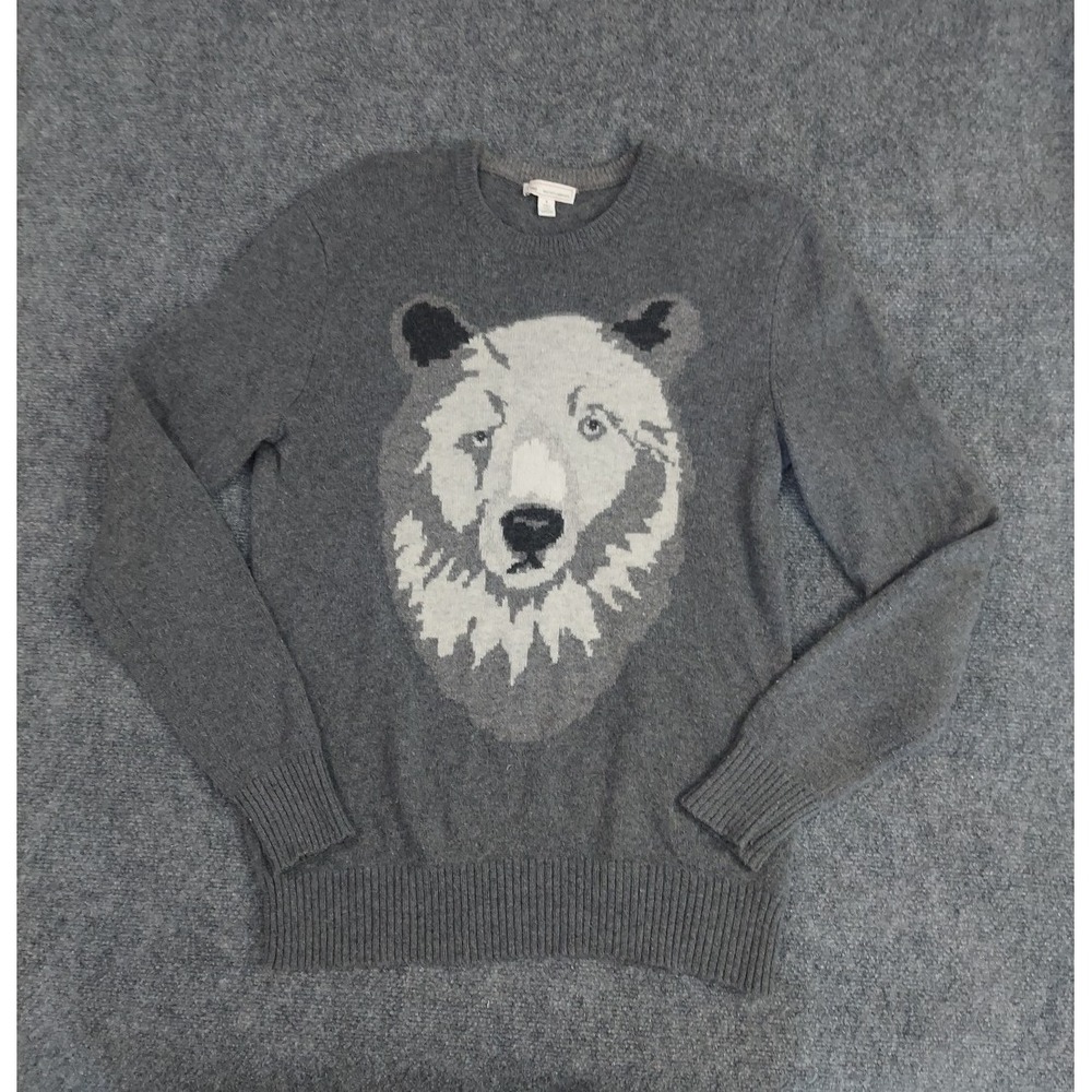 Gap Bear Sweater Men S Heather Gray Lambswool Nylon Crew Neck Graphic Long Sleev